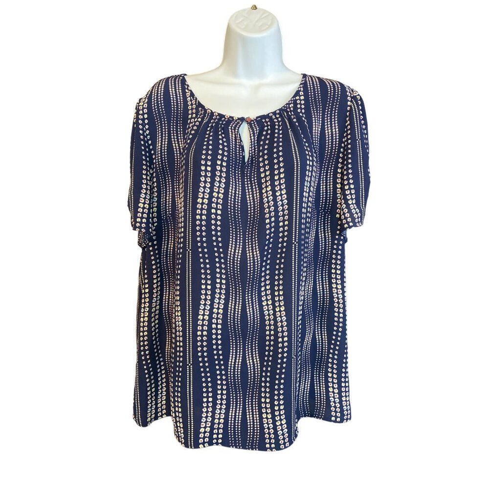 Talbots Womens Blouse XL Navy Blue White Dots Keyhole Neckline Grannycore